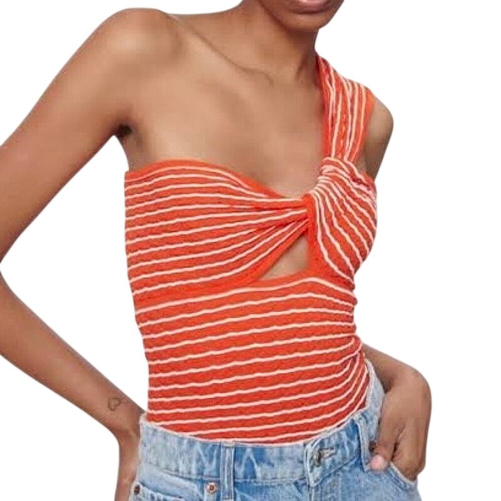 Zara Orange White Asymmetrical Stripe One Shoulder Twist Neck Cutout Knit Top S